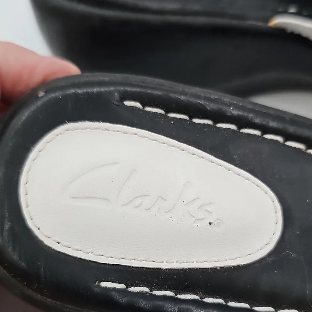 Clarks Black & White Leather Slide Wedge Sandals Size 7.5M